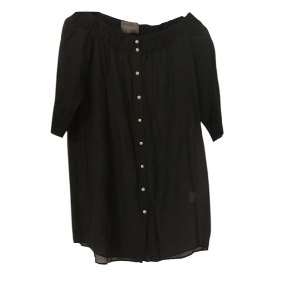 Antipodium Black Sheer Off the Shoulder 3/4 Sleeve Mini Dress w/ Pearl Buttons - Picture 13 of 16